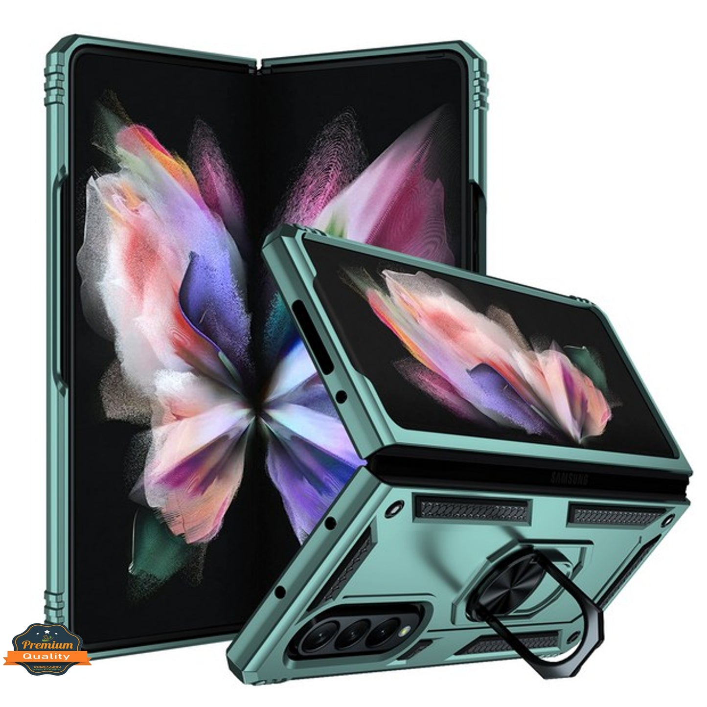 For Samsung Galaxy Z Fold 3 5G Shockproof Hybrid Dual Layer PC + TPU with Ring Stand Metal Kickstand Heavy Duty Rugged Armor Shell  Phone Case Cover