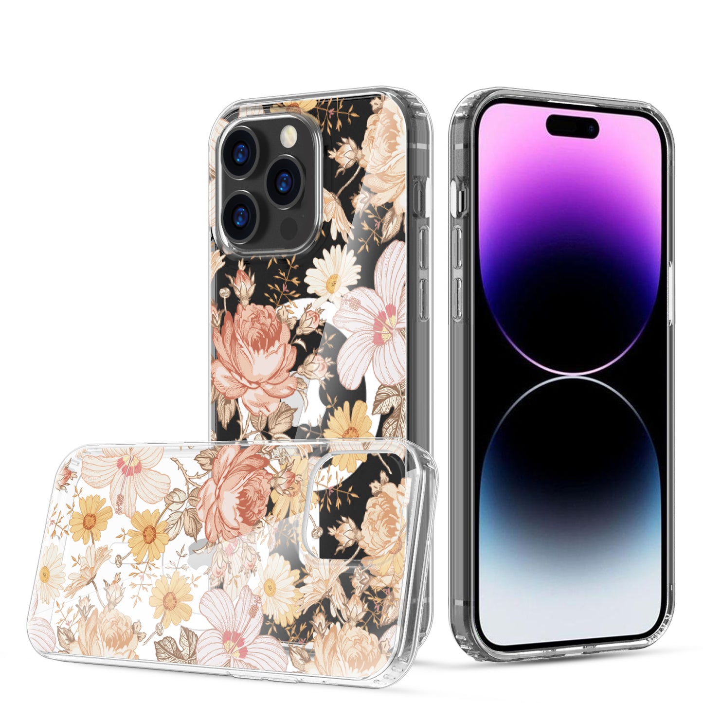 For Apple iPhone 14 /Plus Pro Max Clear Flower Pattern Design Compatible with MagSafe & Wireless Charging  Phone Case Cover