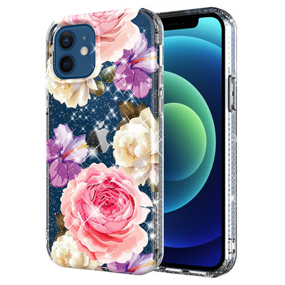 For Apple iPhone 12 / Pro Max Slim Hybrid Shiny Glitter Clear Floral Pattern Bloom Flower Design TPU Gel Hard PC Back  Phone Case Cover
