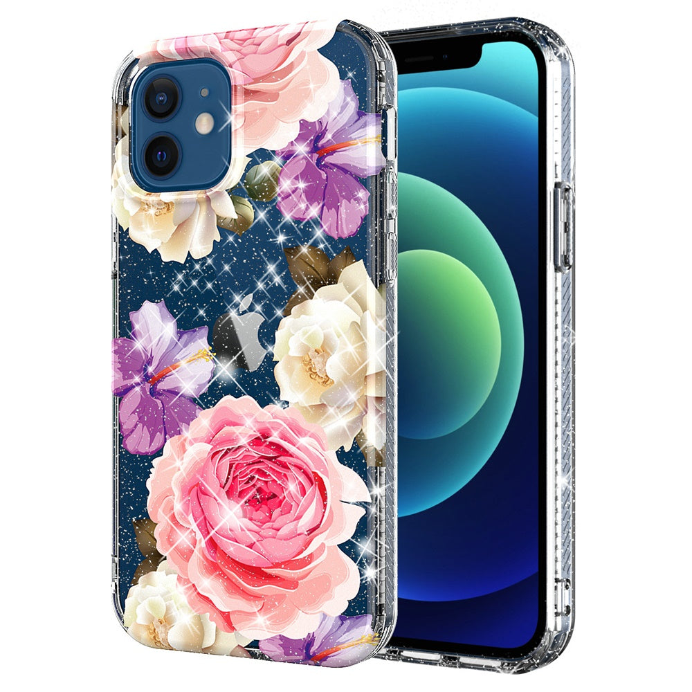 For Apple iPhone XR Stylish Slim Hybrid Shiny Glitter Clear Floral Pattern Bloom Flower Design TPU Gel Hard PC Back  Phone Case Cover