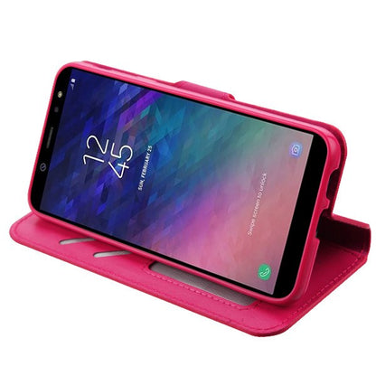 For Samsung Galaxy A6 (2018) PU Leather Wallet with Credit Card Holder Storage Folio Flip Pouch Stand Hot Pink Phone Case Cover