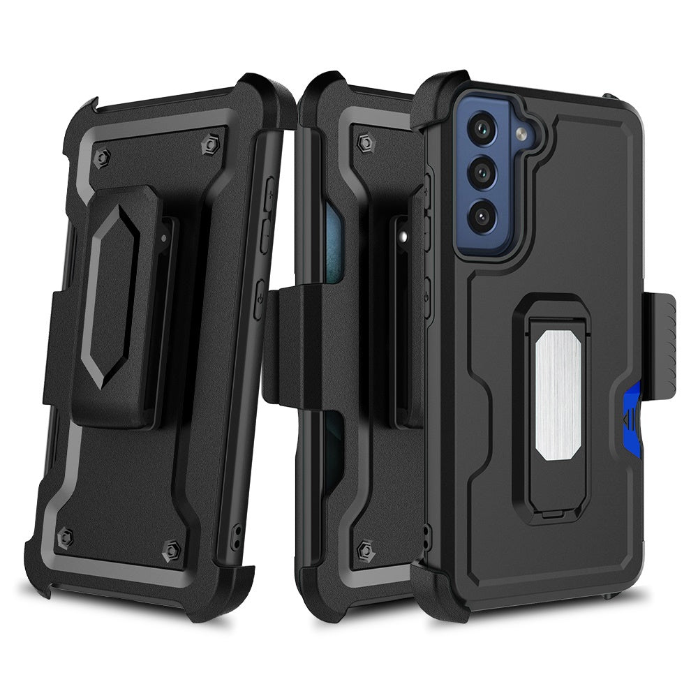For Samsung Galaxy S22 Ultra Armor Belt Clip with Card Holder, Holster, Kickstand Protective Full Body Heavy Duty Hybrid Black Phone Case Cover