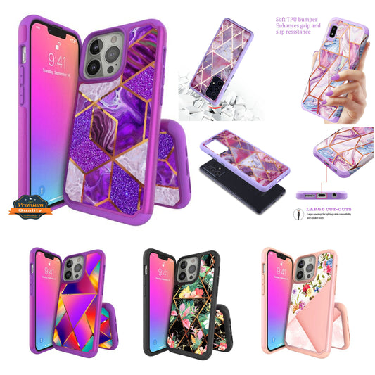 For Apple iPhone 13 Pro Max (6.7") Pattern Design Slim Hybrid Grid Bumper Rubber Soft TPU & Hard Back PC Protective  Phone Case Cover