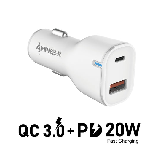 Car Adapter Dual Port QC 3.0 + PD 20W Fast Charging Adapter Universal Lighter Adapter Compatible with Apple, iPhone, iPad Mini/Pro, Samsung, Google & More - White