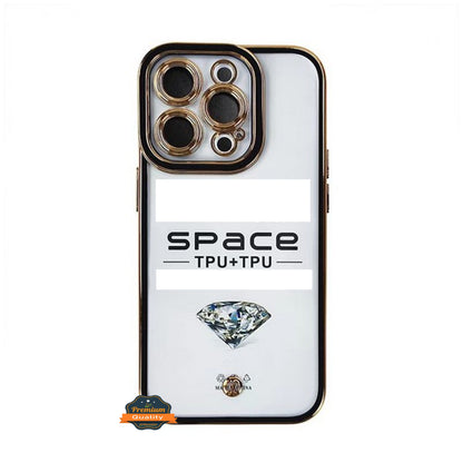 For Apple iPhone 14 /Plus Pro Max Golden Chrome Frame Transparent Hybrid with Lens Protector Shockproof PC Bumper  Phone Case Cover