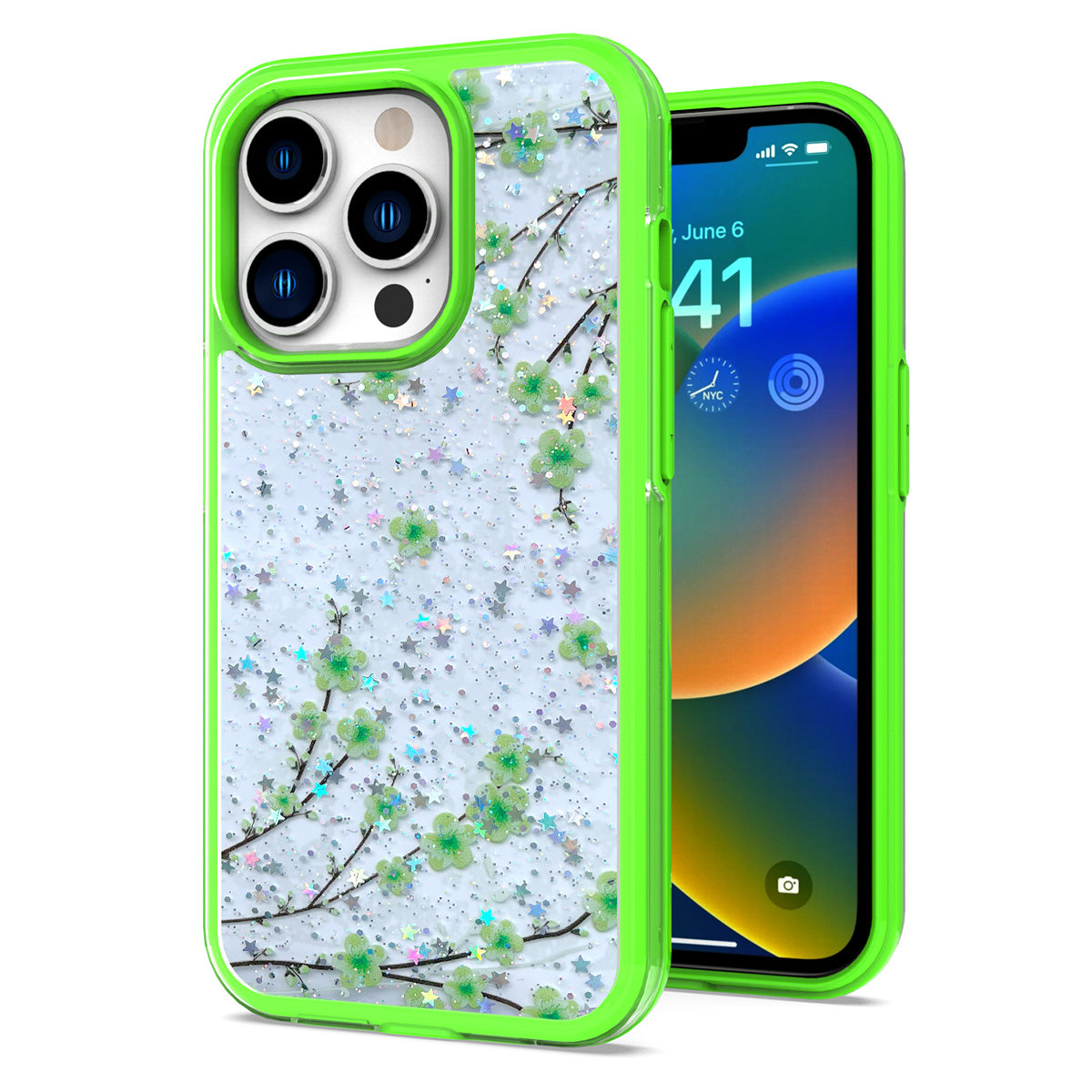 For Apple iPhone 14 (6.1") Sakura Spring Flowers Design Colorful Frame Hybrid Rubber TPU Hard Shockproof Rugged Slim  Phone Case Cover