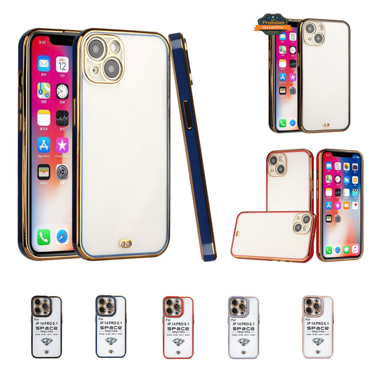 For Apple iPhone 14 /Plus Pro Max Golden Chrome Frame Transparent Hybrid with Lens Protector Shockproof PC Bumper  Phone Case Cover