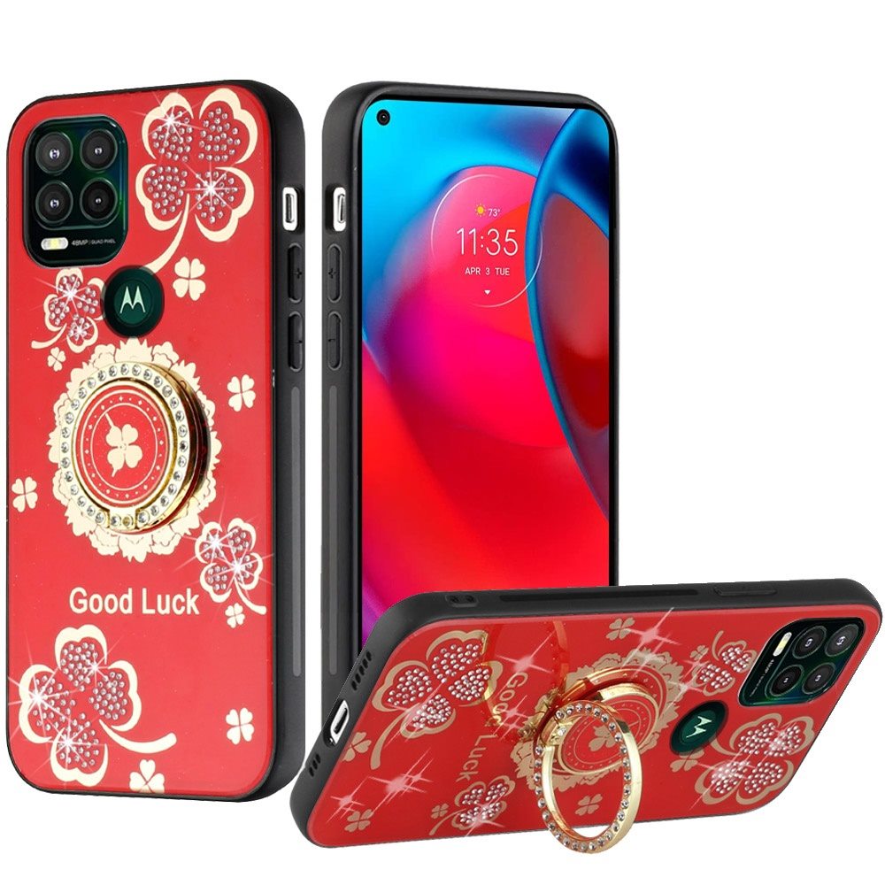 For OnePlus Nord N20 5G Diamond Bling Sparkly Glitter Ornaments Hybrid with Ring Kickstand Rugged Fashion Red Good Luck Floral Phone Case Cover
