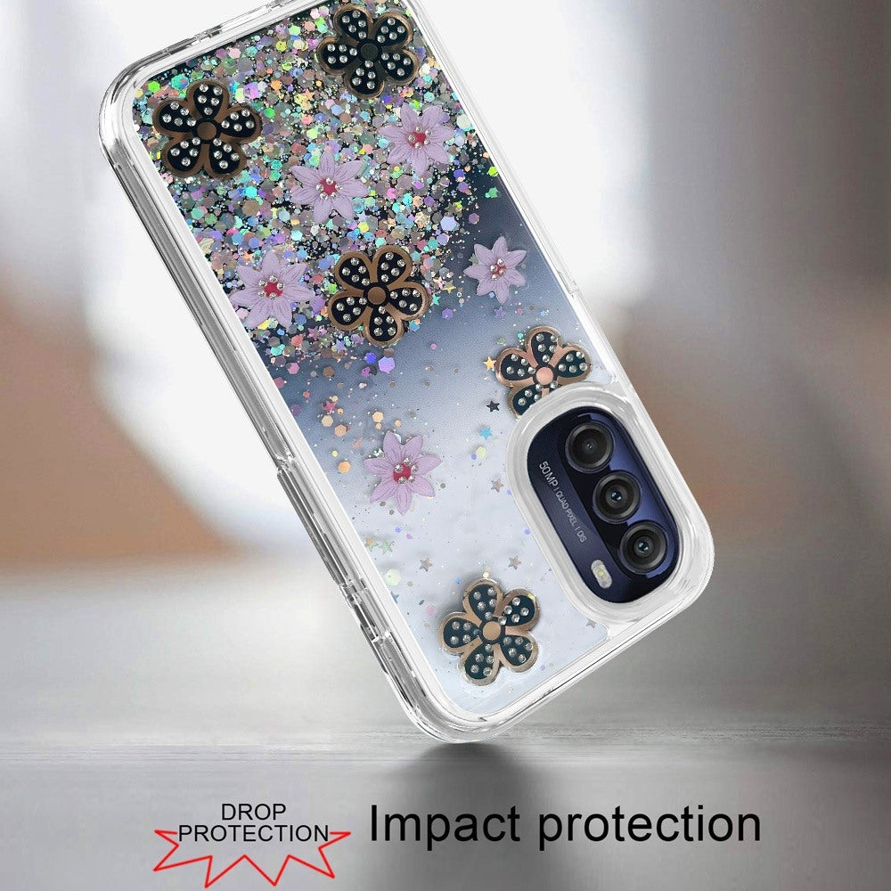 For Motorola Moto G Stylus 5G 2022 Floral Stylish Design Glitter Shiny Hybrid Rubber TPU Hard PC Shockproof Armor Slim  Phone Case Cover