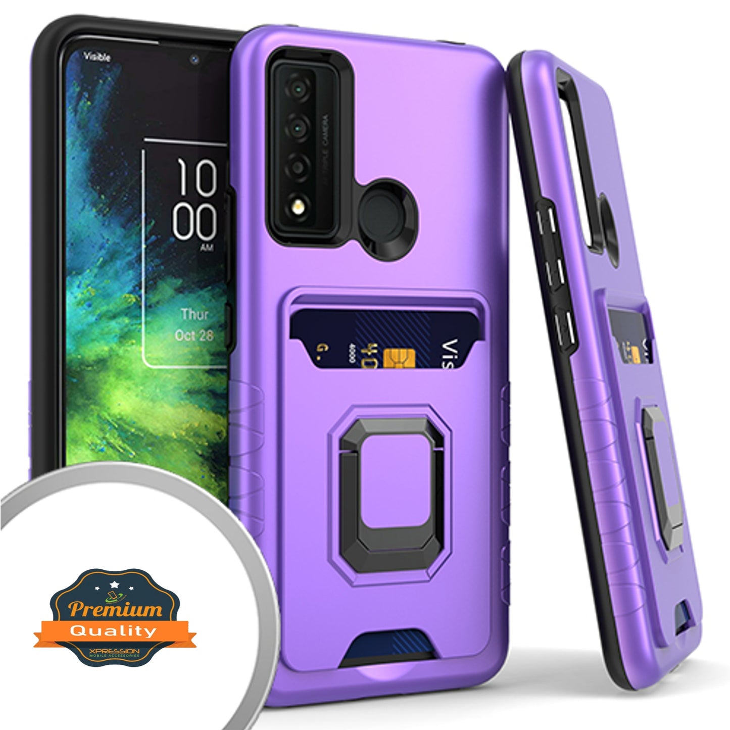 For TCL 20 XE Wallet Credit Card Slot Holder with Metal Ring Kickstand Heavy Duty Shockproof Hybrid Dual Layer Magnetic Stand  Phone Case Cover