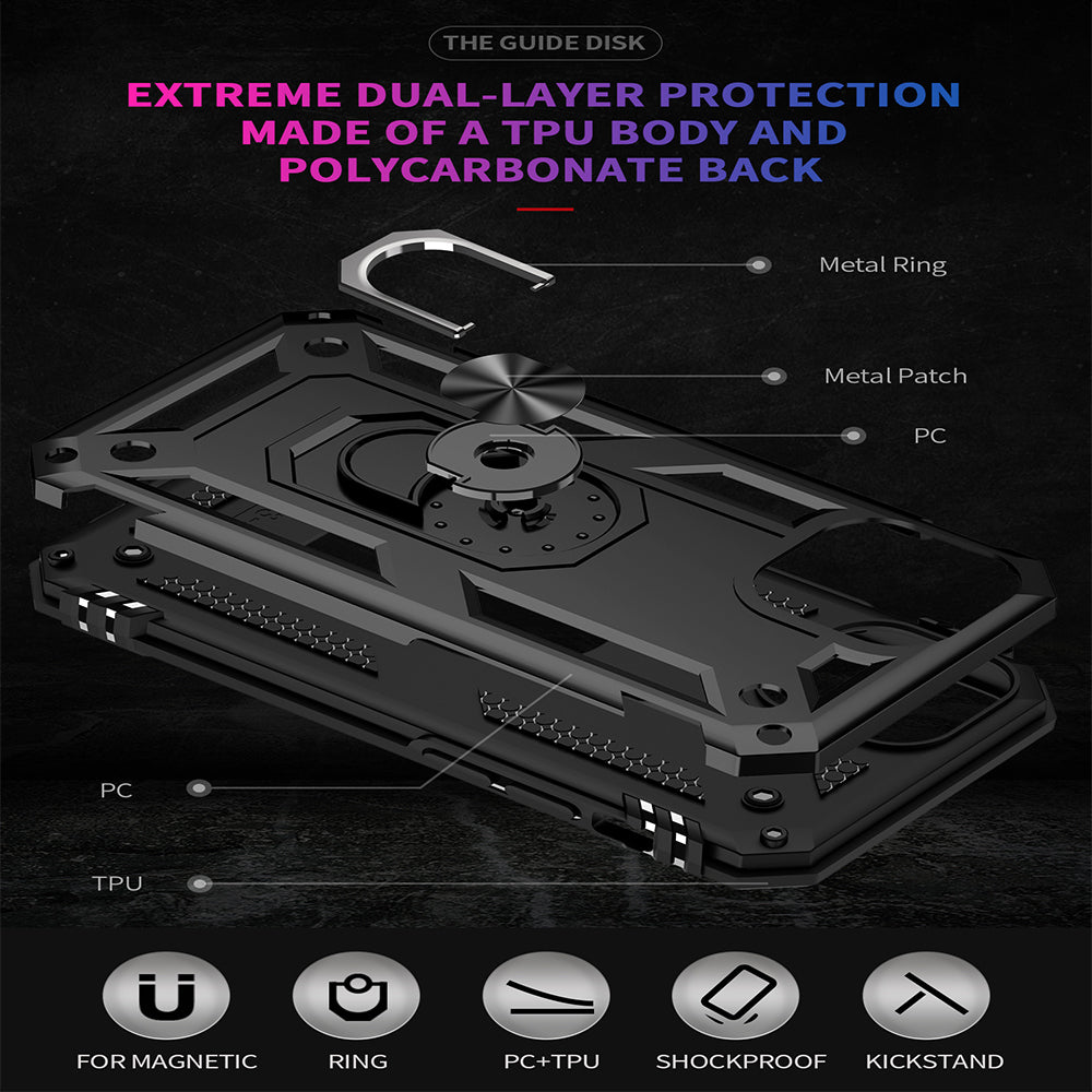 For Apple iPhone 13 /Mini Pro Max Military Grade Heavy Duty Armor Protection Hybrid with Rotating Metal Ring Kickstand Finger Loop Stand  Phone Case Cover