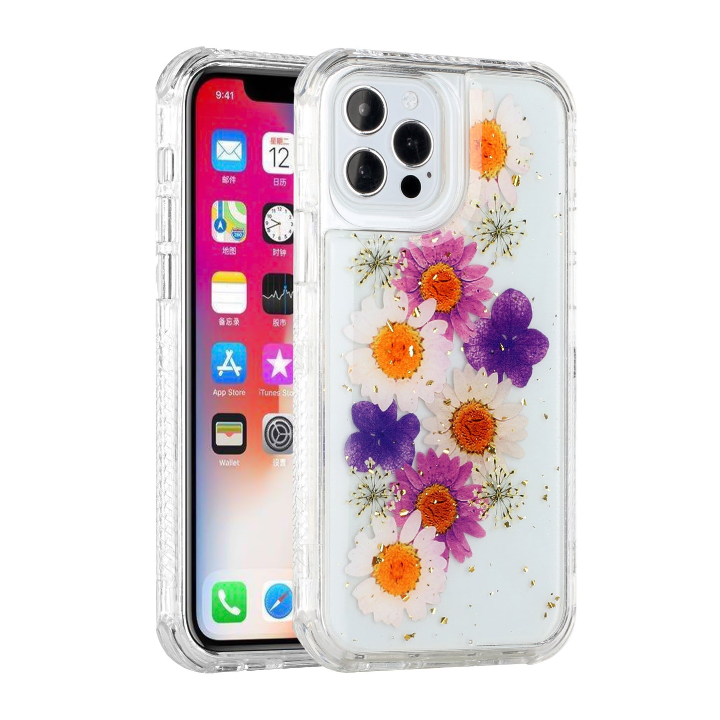 For Apple iPhone 14 (6.1") Sparkle Glitter Floral Epoxy Design Shockproof Hybrid Fashion Bling Rubber TPU Hard  Phone Case Cover