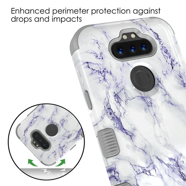 For LG K31 /Aristo 5/Fortune 3/Tribute Monarch / Phoenix 5 Stylish Hybrid Three Layer Hard PC Shockproof Heavy Duty TPU Rubber White Gray Marble Phone Case Cover