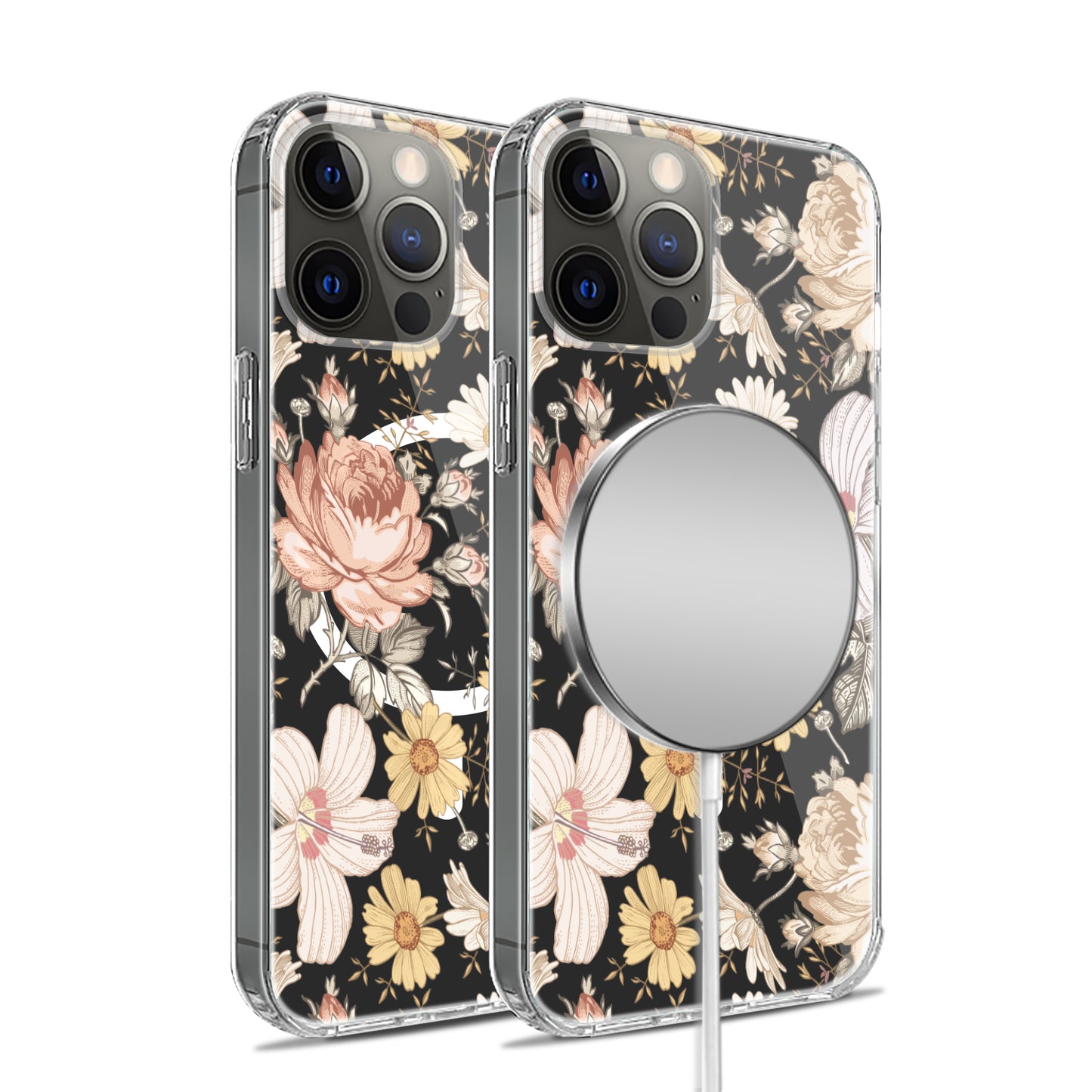 For Apple iPhone 14 /Plus Pro Max Clear Flower Pattern Design Compatible with MagSafe & Wireless Charging  Phone Case Cover