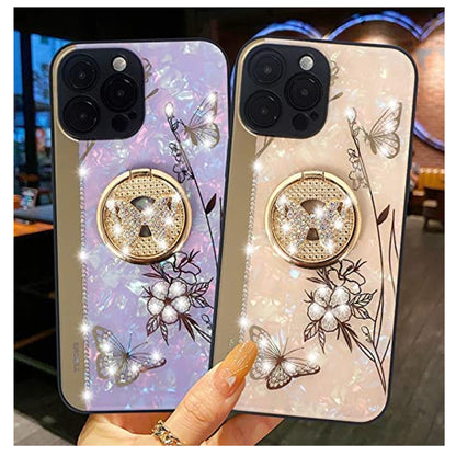 For Apple iPhone 14 (6.1") Elegant Rhinestone 3D Diamond Bling Glitter with Ring Stand Kickstand Plating Hard  Phone Case Cover