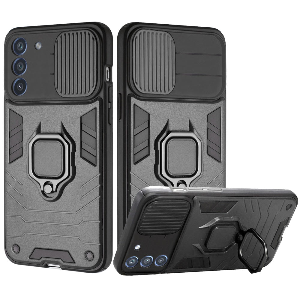 For Samsung Galaxy S21 FE /Fan Edition Kickstand Hybrid with Slide Camera Protector, Built-in 360° Rotate Ring Stand TPU Bumper  Phone Case Cover