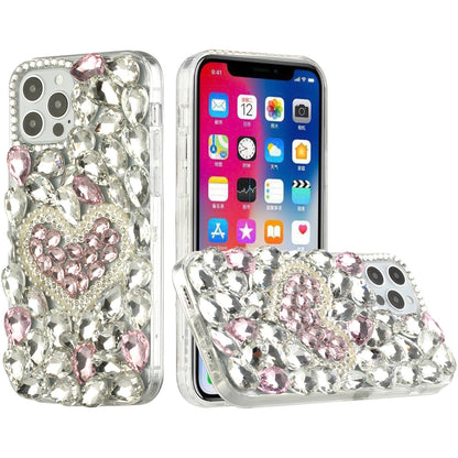 For Samsung Galaxy S22 Bling Clear Crystal 3D Full Diamonds Luxury Sparkle Rhinestone Hybrid TPU Protective Pink Pearl Heart Phone Case Cover