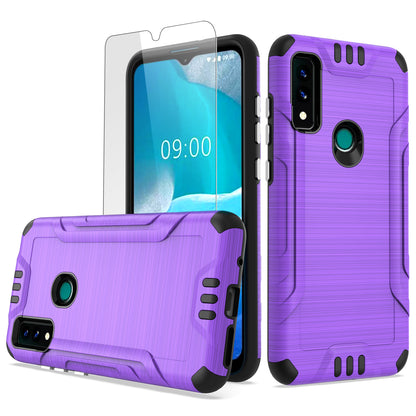 For AT&T Maestro 3 Hybrid Dual Layer Slim Metallic Brush Texture Hard PC TPU Rubber with Screen Protector Tempered Glass  Phone Case Cover