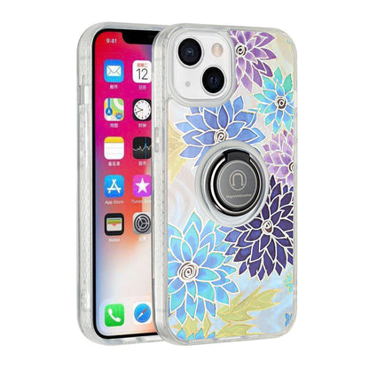 For Apple iPhone 11 (6.1") Flower Pattern IMD Design with Ring Kickstand Hybrid TPU Hard Back Shockproof  Phone Case Cover