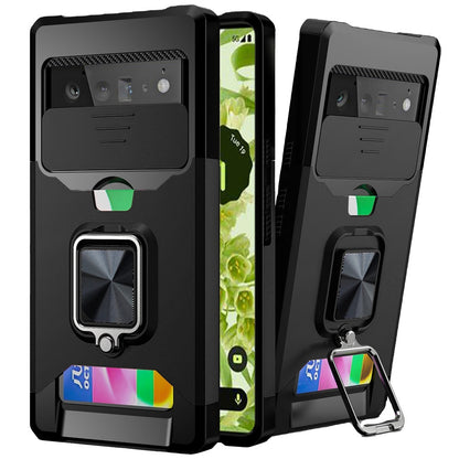 For Google Pixel 6 /6 Pro Wallet Case with Ring Stand & Slide Camera Cover Credit Card Holder, Military Grade Hard Shockproof Protective  Phone Case Cover