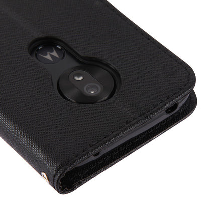 For Motorola Moto G7 Play PU Leather Wallet with Credit Card Holder Storage Folio Flip Pouch Stand Black Phone Case Cover