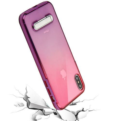 For Apple iPhone XS Max Slim Hybrid Transparent Rubber Gummy Hard PC with Kickstand Protective Purple Pink Phone Case Cover