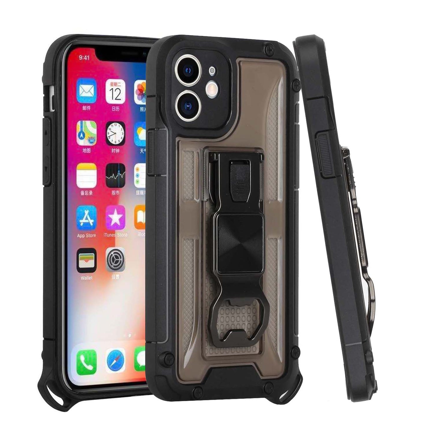 For Apple iPhone 13 Pro (6.1") Heavy Duty Military Grade Rugged Hybrid with Magnetic Kickstand, Carabiner, Bottle Beer Opener Shockproof  Phone Case Cover