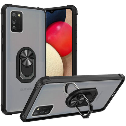For Samsung Galaxy A02S Clear Silicone Shockproof Tuff Hybrid Protection Cover Transparent TPU with Magnetic Ring Kickstand Black Phone Case Cover