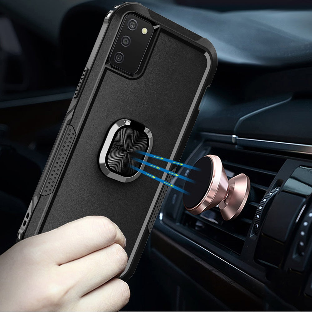 For Samsung Galaxy A03S Heavy Duty 3in1 Magnetic Ring Kickstand Stand Hybrid Shockproof Military-Grade Drop Protection Black Phone Case Cover