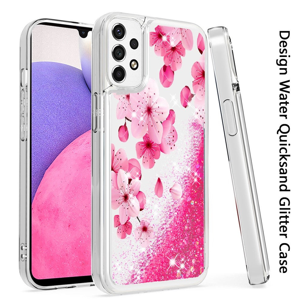 For Samsung Galaxy A33 5G Floral Design Quicksand Water Liquid Floating Sparkle Colorful Glitter Bling Flower Fashion Hybrid  Phone Case Cover