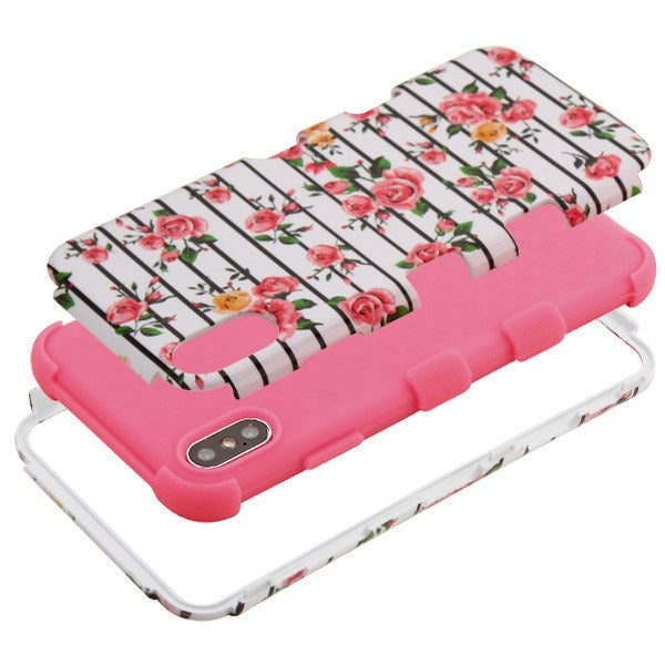 For Apple iPhone XS Max Stylish Hybrid Three Layer Hard PC Shockproof Heavy Duty TPU Rubber Anti-Drop Pink Roses Phone Case Cover