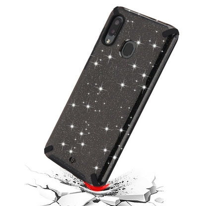 For Samsung Galaxy A20 Slim Fit Hybrid Dual Layer Shockproof Hard TPU Glitter Bling Design Black Phone Case Cover