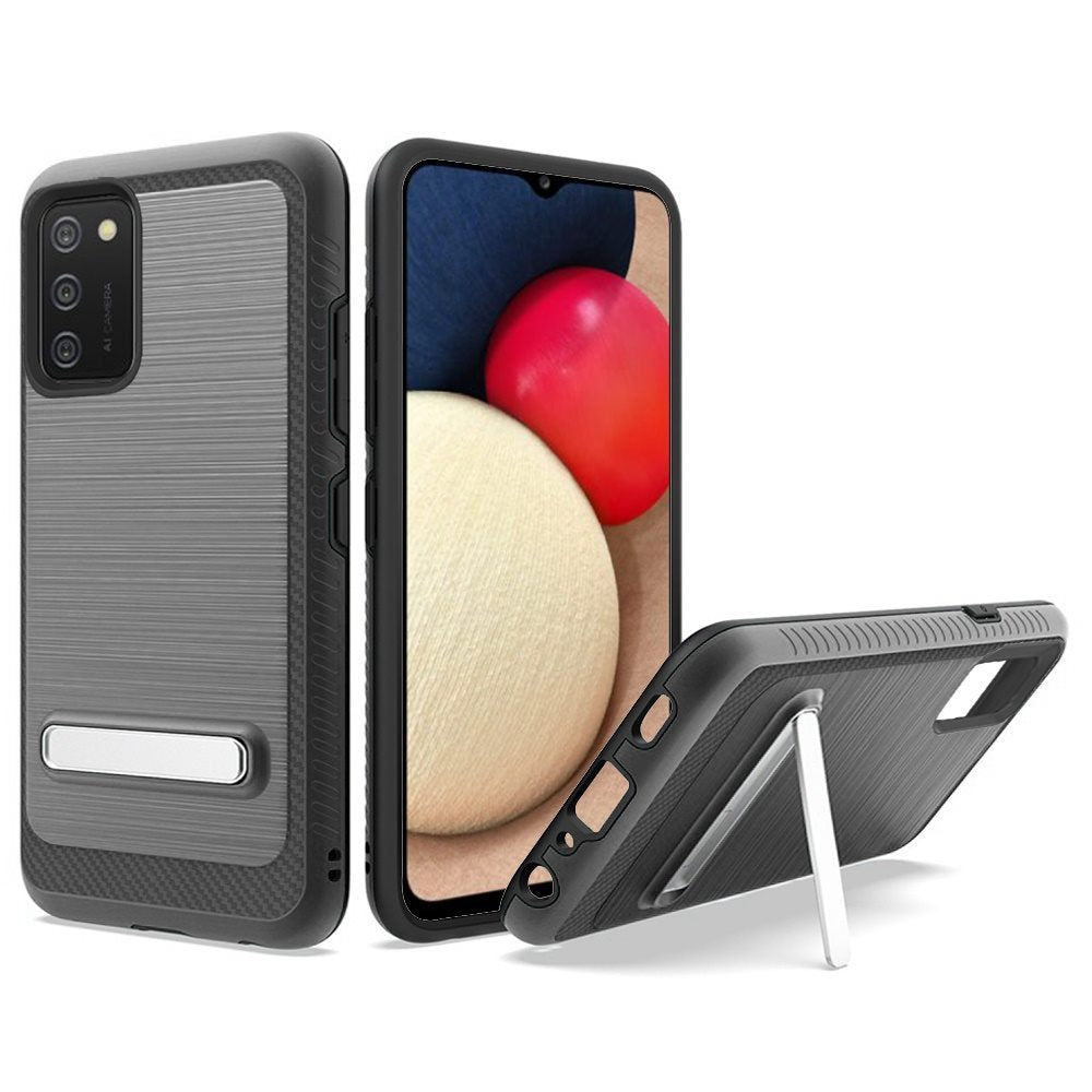 For Samsung Galaxy A02S Slim Brushed Hybrid Shock-Absorption Armor Edged Carbon Fiber with Metal Kickstand Rugged Texture  Phone Case Cover