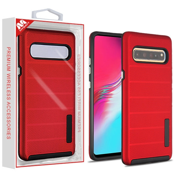 For Samsung Galaxy S10 5G (6.7") Dual Layer Hybrid Armor Rubber TPU Hard PC Shockproof Rugged Texture Red Phone Case Cover