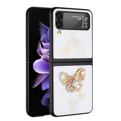 For Samsung Galaxy Z Flip 4 5G 3D Diamond Bling Sparkly Glitter Ornaments Engraving Hybrid Metal Fashion White Garden Butterflies Phone Case Cover