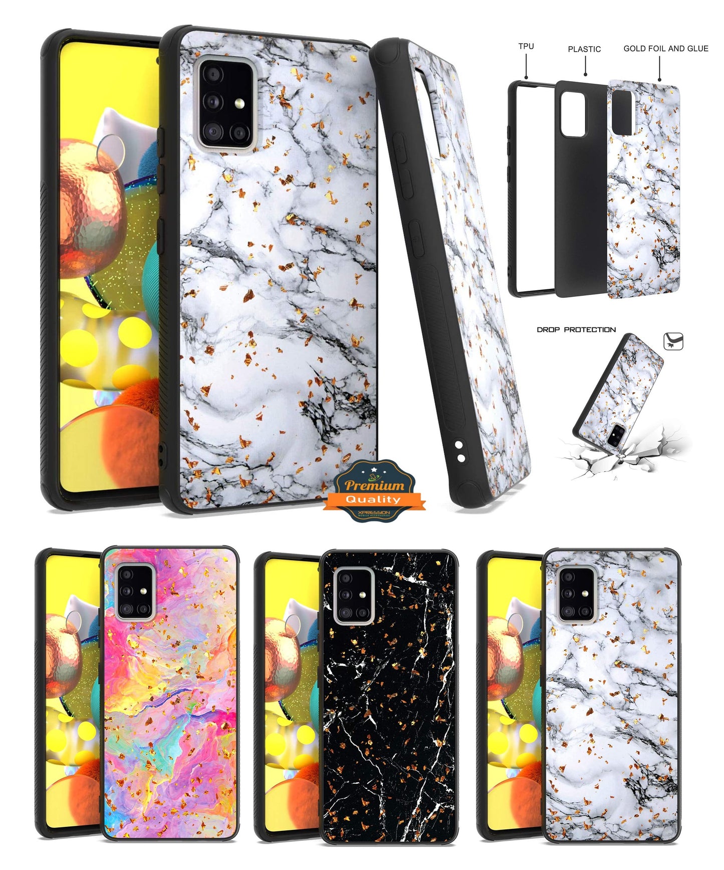 For Samsung Galaxy A13 5G Marble Fashion Stone Stylish Flake Glitter Bling Hybrid Slim Glossy TPU Rubber Hard Protection  Phone Case Cover