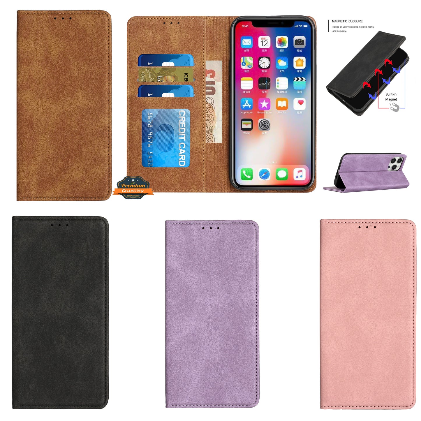 For Apple iPhone 14 (6.1") Wallet Premium PU Vegan Leather ID Credit Card Money Holder with Magnetic Closure Pouch Flip  Phone Case Cover