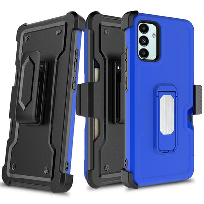 For Apple iPhone 14 (6.1") Armor Belt Clip with Credit Card Holder ID Slot, Holster, Kickstand Protective Heavy Duty Hybrid Blue Phone Case Cover