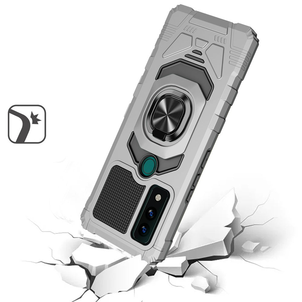 For AT&T Maestro 3 Hybrid Dual Layer with 360° Rotate Magnetic Ring Stand Holder Kickstand TPU Rugged PC Shockproof Silver Phone Case Cover