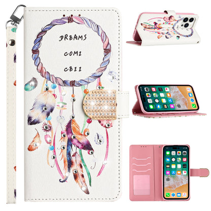 For Apple iPhone 14 (6.1") Fashion Diamond Bling Design Wallet Pouch Card Slots PU Leather With Lanyard  Phone Case Cover