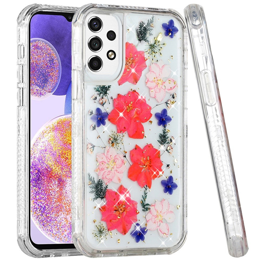 For Samsung Galaxy A23 5G Sparkle Glitter Floral Epoxy Design Shockproof Hybrid Fashion Bling Rubber TPU & Hard PC  Phone Case Cover