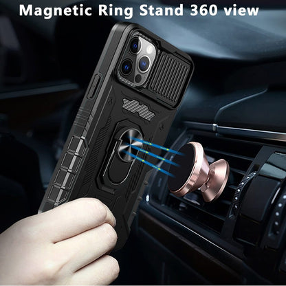 For Apple iPhone 13 Pro (6.1") Ring Stand Cases with Slide Camera, Kickstand & Screen Protector Military Grade Shockproof  Phone Case Cover
