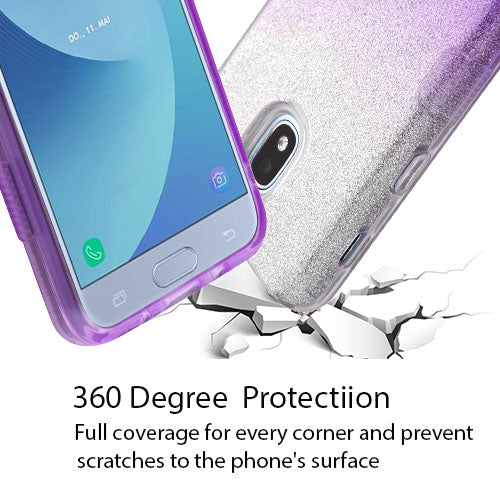 For Samsung Galaxy J3 (2018)/ Galaxy J3 Star/ Galaxy J3 Glitter Stylish Design Hybrid Rubber TPU Hard PC Shockproof Armor Rugged Purple Silver Phone Case Cover