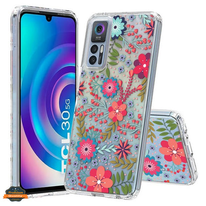 For TCL 30 5G /TCL 30+ Plus /TCL 30 Floral Patterns Design Transparent TPU Silicone Shock Absorption Hard PC Back  Phone Case Cover