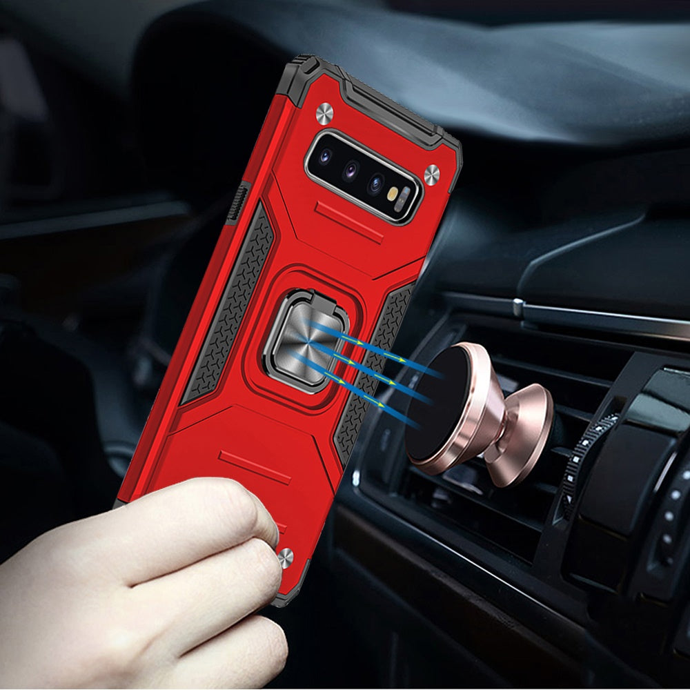 For Samsung Galaxy S10 Armor Hybrid with Ring Stand Holder Kickstand Shockproof Heavy-Duty Durable Rugged 2in1 Red Phone Case Cover