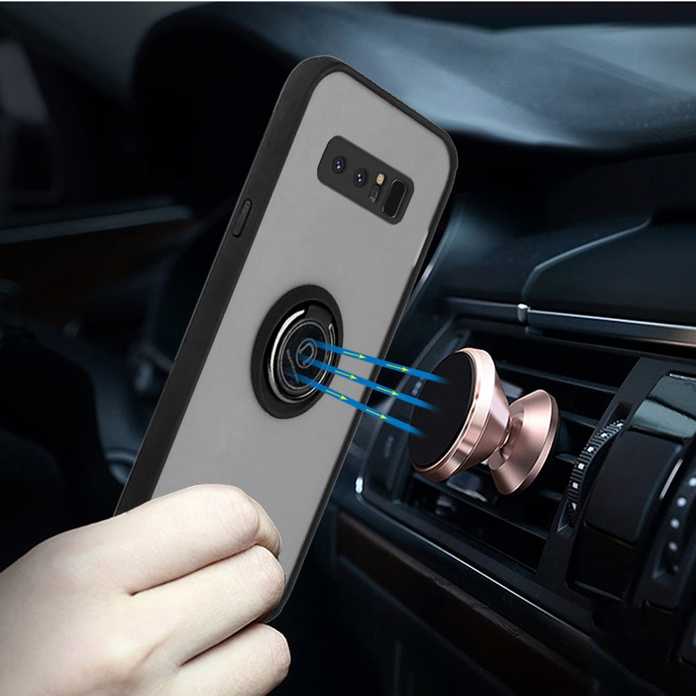 For Samsung Galaxy Note 8 Hybrid Protective TPU Shockproof with 360° Rotation Ring Magnetic Stand & Covered Camera Black Phone Case Cover