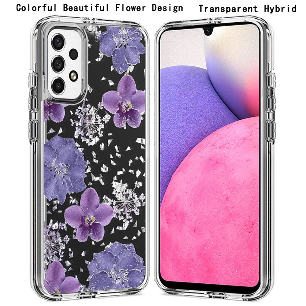 For Samsung Galaxy A33 5G Glitter Floral Print Pattern Clear Design Shockproof Hybrid Fashion Sparkle Rubber TPU Bumper  Phone Case Cover