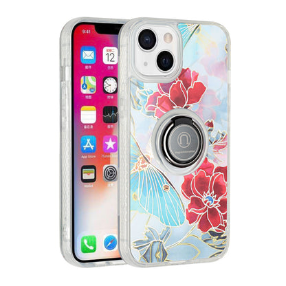 For Apple iPhone 11 (6.1") Flower Pattern IMD Design with Ring Kickstand Hybrid TPU Hard Back Shockproof  Phone Case Cover
