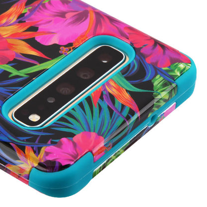 For Samsung Galaxy S10 5G (6.7") Hybrid Three Layer Hard PC Shockproof Heavy Duty TPU Rubber Anti-Drop Hibiscus Tropical Flowers Phone Case Cover