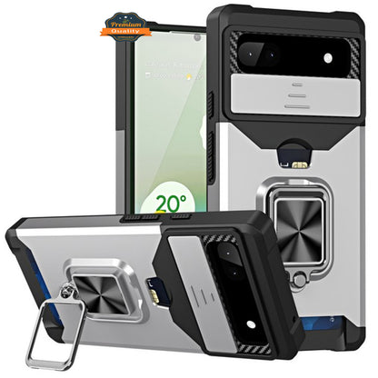 For Google Pixel 6A Wallet Case Designed with Slide Camera Protection, Card Slot & Ring Kickstand Magnetic Car Mount  Phone Case Cover